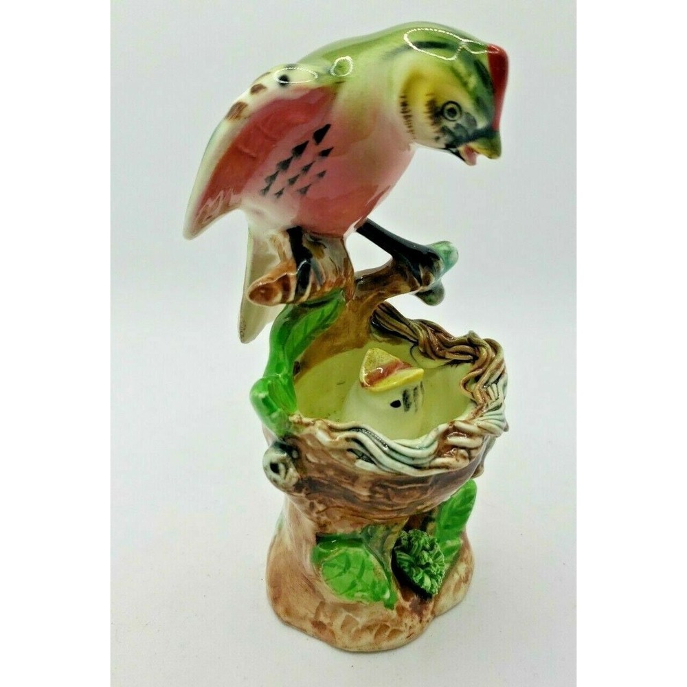 1950's Ceramic Redprol Feed Baby Bird Nest Figurine Hand Painted Japan NOS